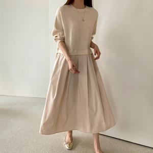 [어반프랑] 코아 양두 8부소매 니트 레이어드 플레어 롱원피스