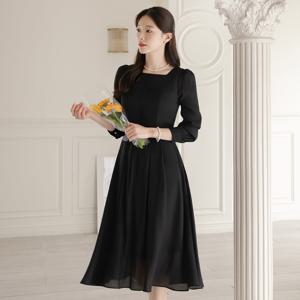 (~XXL까지) 헤비 스퀘어넥 쉬폰 플레어 원피스 봄 가을 하객룩 오피스룩 모임룩 격식룩 빅사이즈