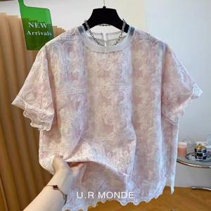 여름 시스루 플라워 자수 라운드 레이스 블라우스 반