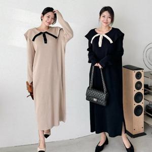 여성 봄 가을 비스코스 세일러카라 긴팔 롱 원피스 꾸안꾸 OP0458S 빅사이즈 루즈핏