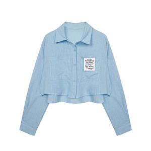 [바닐라비] 여성 린넨 레터링 라벨 크롭 셔츠
