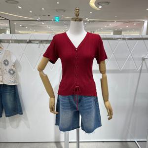 [밸리걸] 레이스업 골지 브이넥 티셔츠 608200