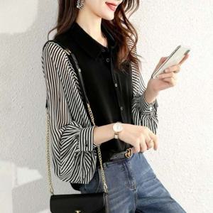 쉬폰 LF26300 얇은 소매 블라우스 줄무늬 셔츠 카라