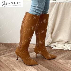 [애슬릿] 스틸레토 힐 스웨이드 밴딩 지퍼 롱 부츠