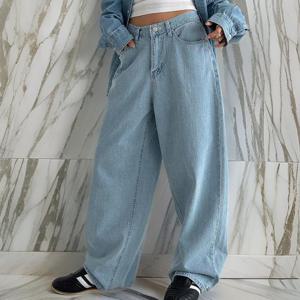 [다잇템]여자 연청바지 낮은 와이드핏 박시 청바지