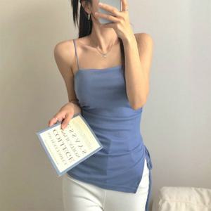 [옷자락]여자 셔링 슬림핏 리본 스트랩 언발 컷팅 캡 끈 나시