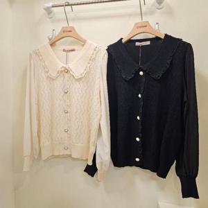 스테파니 HC07 레이스 카라  지그재그 쉬폰 배색 니트 블라우스 A25SW5304