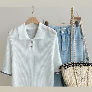 [다잇템][다잇템] 여자 위빙 반소매 카라넥 비스코스 와플 니트_