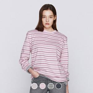 [지오다노] 여성 봄 라운드넥 루즈핏 멀티 스트라이프 긴팔 면 티셔츠 326506