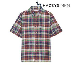 [헤지스남성] (HZSH5B531W2) 브라운 린넨 마드라스 체크 반팔 셔츠