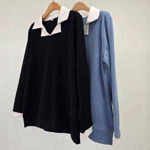 나야홍 / 빅사이즈티 T870L602 와플배색오픈카라긴팔티 OL