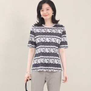 애비뉴투지 엄마옷 국내산 실켓 면 나염 라운드 여름 반팔 티셔츠 A05443