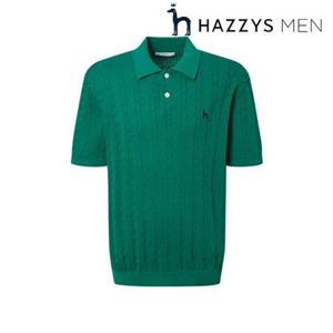 [헤지스남성] (HZSW5B553E2) [25SS][아이코닉] 그린 케이블 반팔 카라 니트