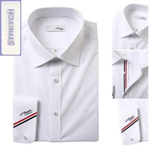 듀퐁셔츠 SE5SM12LS907SWH 구김 적은 화이트 일판핏 노포켓 스트레치 삼선포인트 소매 로고 긴팔 스판 셔츠