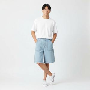 메종키츠네 베이비 폭스 백포켓 자수로고 와이드 데님 남성 반바지 OM01403WD4009 0203