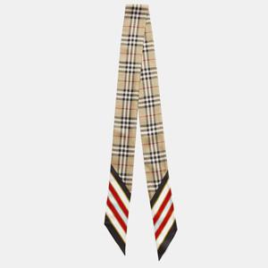 25 FW 버버리 여성 체크 앤 스트라이프 패턴 실크 스카프 베이지 80720721