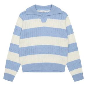 에꼴리에 TC01 스트라이프 케이블 오픈 카라 니트티 25A5051