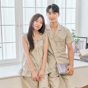 바풀 CA5S13016 커플잠옷 순면 파자마 남성 여성 여름 민소매 잠옷 세트 블루