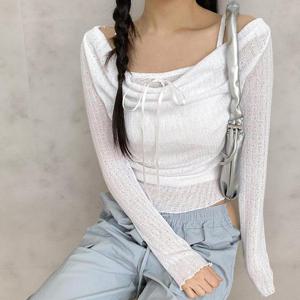 [다잇템]여자 골지 잔주름 코디 펀칭 어깨끈 니트