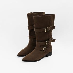 [신난다슈] 여성 미들부츠 3cm 통넓은 하프 미디 부츠 스웨이드 발편한 통굽 AG259052 브라운