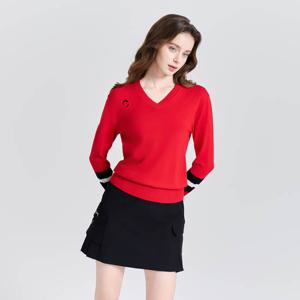 챌린저 여성 소매라인 스트라이프 V넥 니트 풀오버 레드 CHE3WKT5960RD