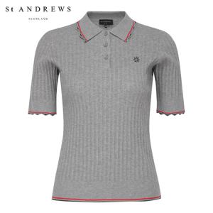 [세인트앤드류스] 여성 라인 배색 스캘럽 리브 카라 반팔 니트