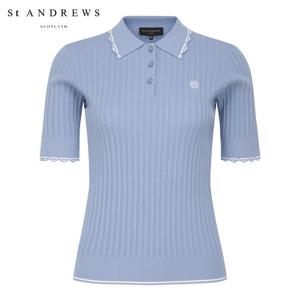 [세인트앤드류스] 여성 라인 배색 스캘럽 리브 카라 반팔 니트 821F1SR104_BL