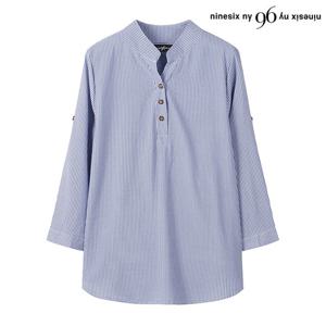 [나인식스뉴욕(영캐릭터)]헨리넥 버튼 소매 롤업 스트라이프 블라우스 (NO3BA008L0)