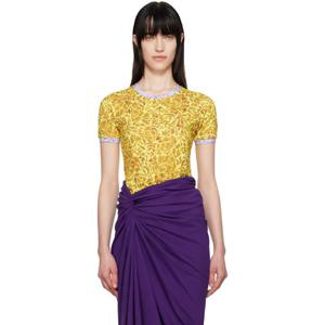 드리스반노튼 티셔츠 옐로우   퍼플 프린트 티셔츠 251358F110004