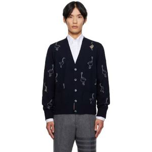 톰브라운 가디건 네이비 기스 인타르시아 니트 메리노 루즈 핏 가디건 252381M200019