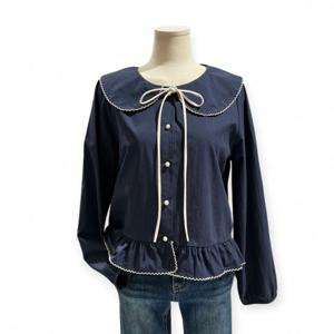 [트위]둥근카라 리본 프릴 콩단추 블라우스 TNIDFBL005