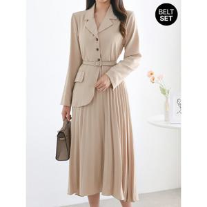 [모리스커밍홈]테일러드카라 플리츠 벨티드 원피스_M2602OP606A