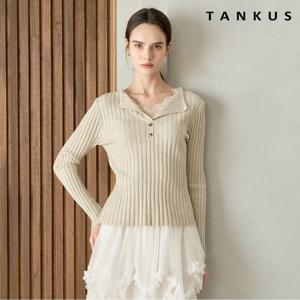 [탱커스]레이스 레이어드 페이크 버튼 골지 니트 (TY1KP005L0)