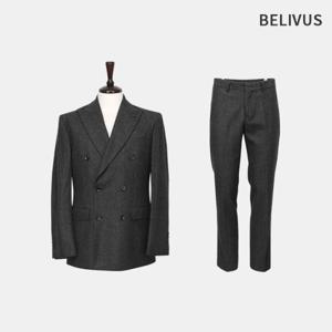 빌리버스 남자 겨울 클래식 헤링본 울블렌드 더블 자켓 정장 투피스 세트 BVOT173