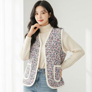 [시노코] 레트로 꽃무늬 보아 누빔 조끼 김장조끼 5컬러 프리사이즈 E25V401