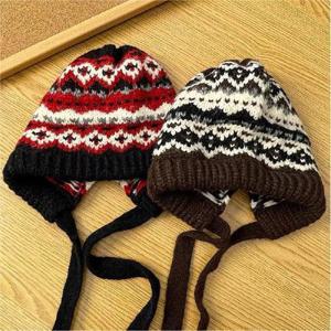 [이거찜] 노르딕 니트 모자 귀달이 겨울모자 방한 비니 여성 니트 후드모자