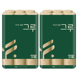 [안심 무표백!] 그루 화장지 30M 3겹 30롤x2팩(60롤)/100%천연펄프/무형광