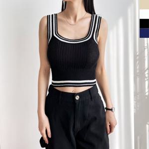 골피아 여자 여름 뷔스티에 배색 크롭 니트 나시 여성 데일리 스웨터