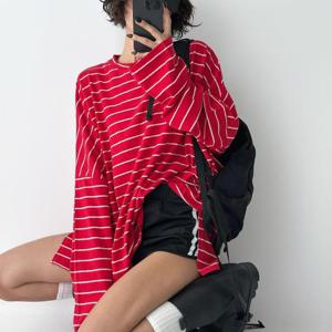 [옷자락] 여자 아방핏 스트라이프 여름긴팔 얇은 힙커버 티셔츠