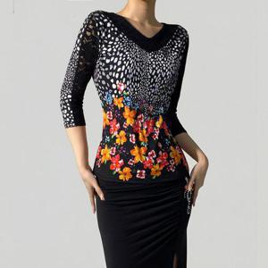 [까르죠아]프린트 블라우스 댄스스포츠옷 라인댄스복 상의 모던 사교 밸리