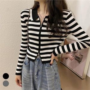 여성 슬림핏 단가라 날씬 카라 니트 집업 숏가디건