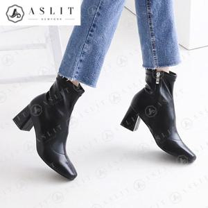 [애슬릿] 빅사이즈 여성 미들 힐 스판 지퍼 앵클 부츠