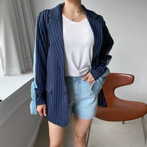 네쥬 여성 가을 데님 스트라이프 배색 캐주얼 긴팔 자켓