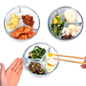 요리 용기 유리 3칸 나눔 밀폐 반찬통 칸막이 밀폐용기 칸막이반찬통 플레이트 소분 원형 K767