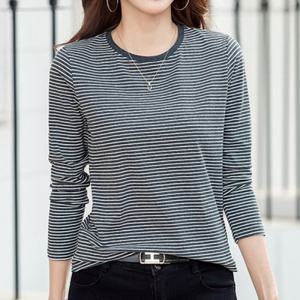 나바바 / NT1427 캐주얼 얇은 단가라 라운드넥 긴팔 티셔츠