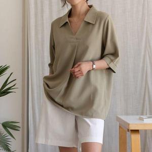 [엘리시아]소트 브이 핀턱 반팔 블라우스