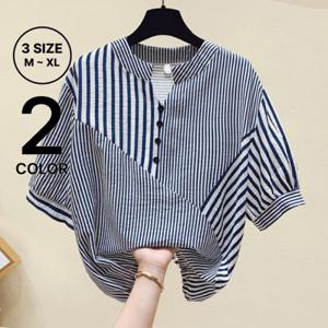 나바바 / 스트라이프 밑단 스트링 반팔 블라우스 NB2632/ 2컬러/ 3사이즈