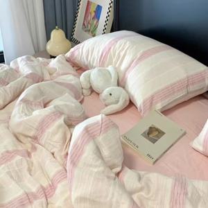 [해외] 핑크스트라이프 이중 거즈순면 침구커버세트 이불커버 베개커버 매트커버