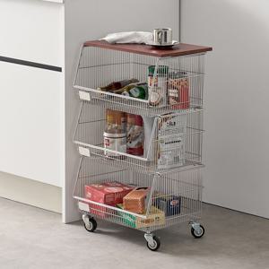 올스텐 3단 바스켓 트롤리 철제 웨건 모듈 이동식 트레이 수납 주방 바구니 카트