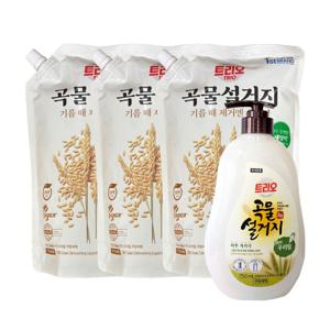 트리오 곡물 설거지 우리밀 주방세제 용기 750ml+리필 1.2L x 3개